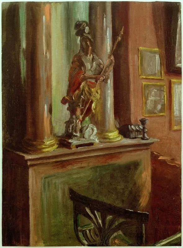 Scena di studio con statuetta barocca di San Giorgio